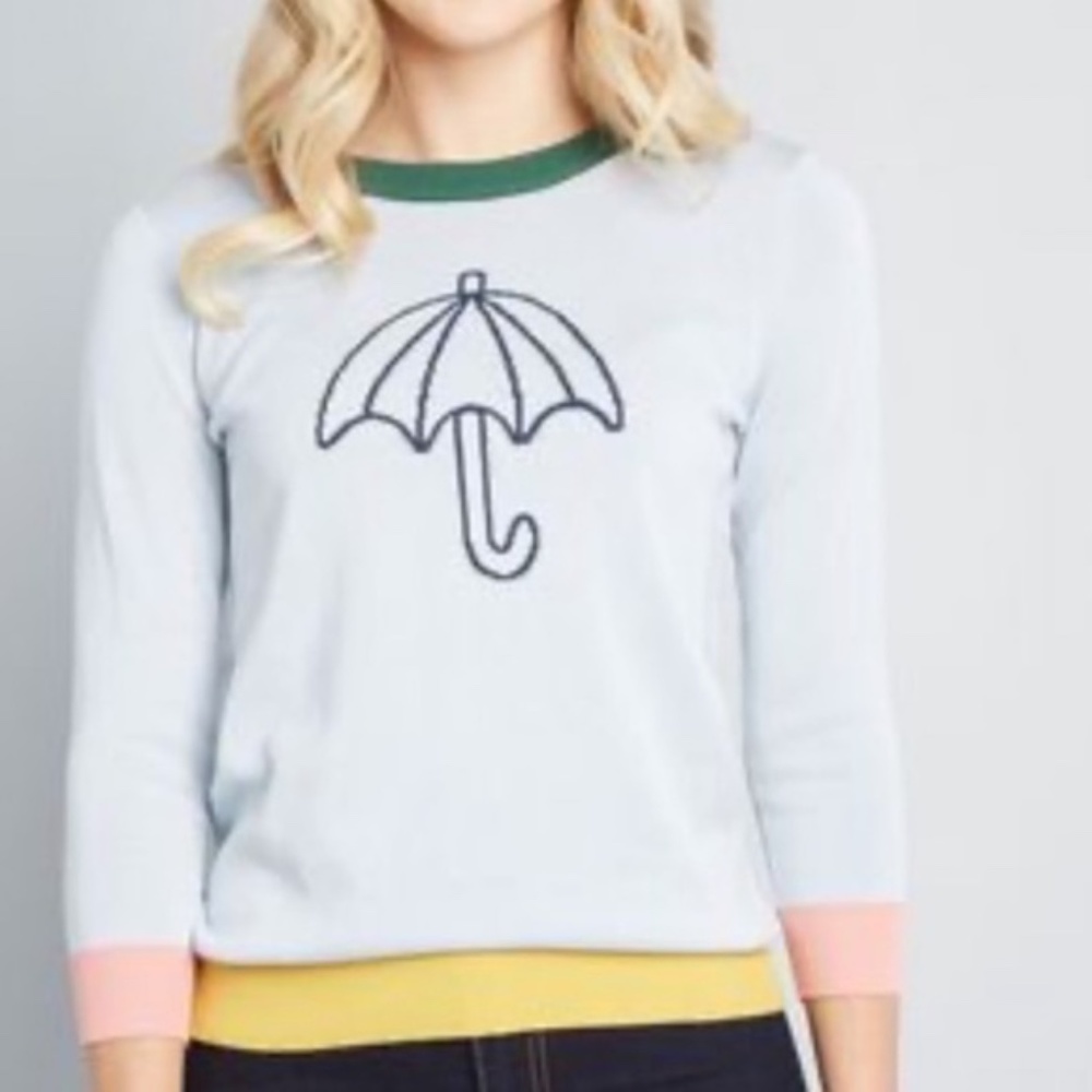 Modcloth Light Blue Sweater with Umbrella Graphic and Colorblock Trim